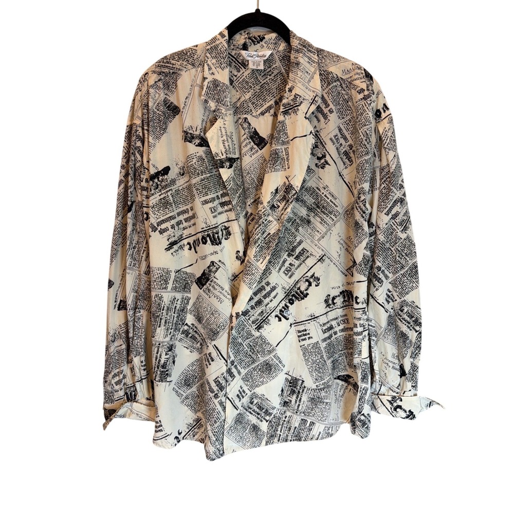 Paul Stanley Vintage 100% Silk Newspaper Print Blouse Long Sleeve Cream Black 12
